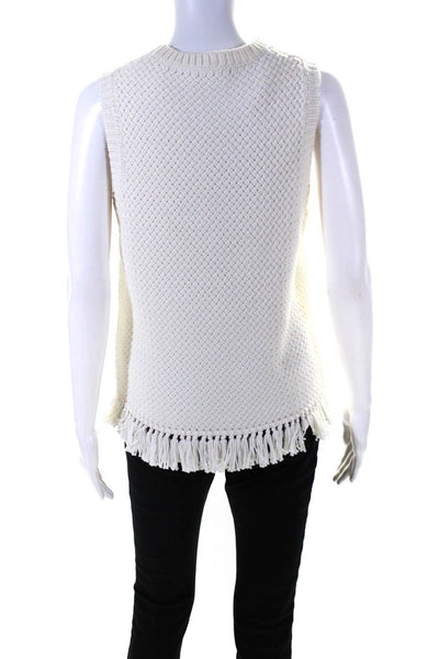 Theory Womens Sleeveless Crew Neck Fringe Crochet Knit Top White Size Medium