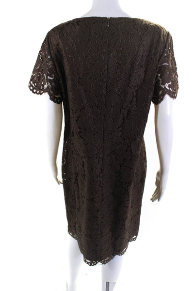 Lauren Ralph Lauren Womens Short Sleeve Metallic Lace Shift Dress Brown Size 12