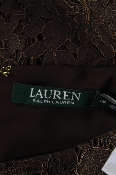 Lauren Ralph Lauren Womens Short Sleeve Metallic Lace Shift Dress Brown Size 12