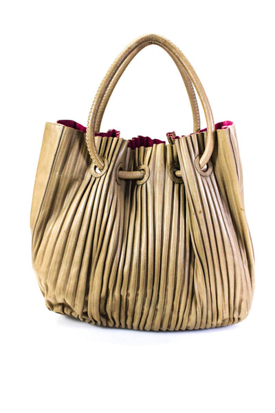 Giorgio Armani Womens Leather Pleated Suede Lined Top Handle Bag Beige Size L