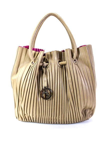 Giorgio Armani Womens Leather Pleated Suede Lined Top Handle Bag Beige Size L