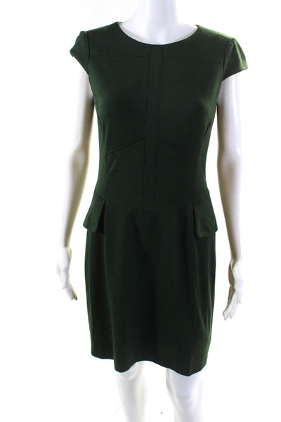 Tahari Womens Dark Green Crew Neck Cap Sleeve Zip Back Shift Dress Size 4