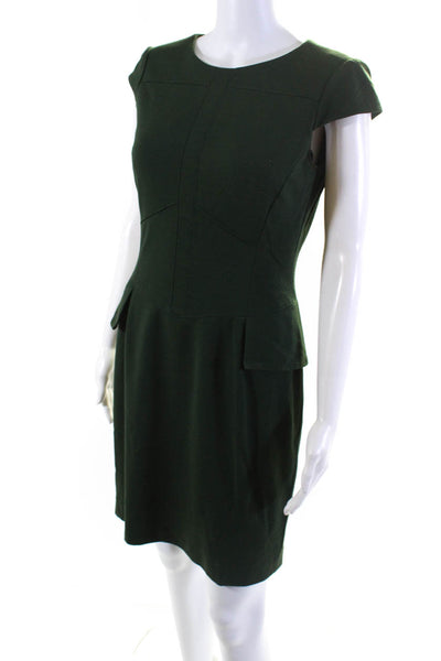 Tahari Womens Dark Green Crew Neck Cap Sleeve Zip Back Shift Dress Size 4