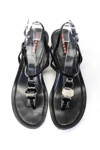 Prada Womens Leather Low Wedge Open Toe Rhinestone T-Strap Sandals Black Size 8