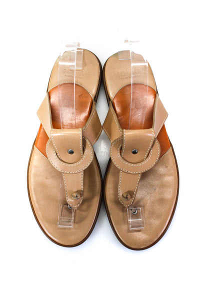 Hogan Womens Leather Low Heel Knotted T-Strap Sandals Beige Orange Size 7.5US