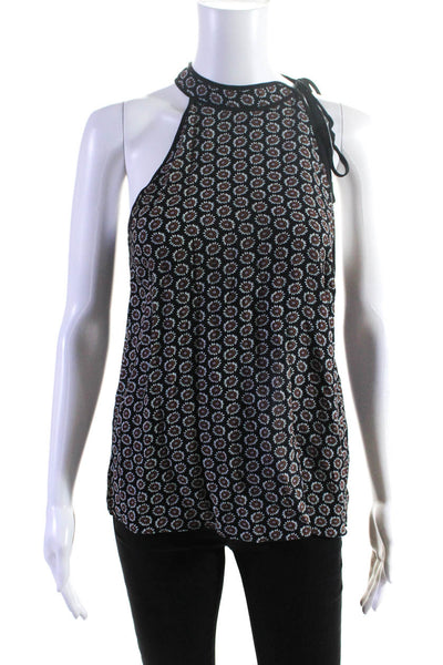 A.L.C. Womens Silk Floral Print High Neck Tie Sleeveless Blouse Top Black Size 6