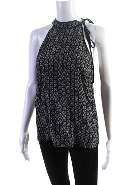 A.L.C. Womens Silk Floral Print High Neck Tie Sleeveless Blouse Top Black Size 6