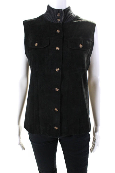 J. Mclaughlin Womens Suede Merino Wool High Neck Buttoned Vest Black Gray Size L