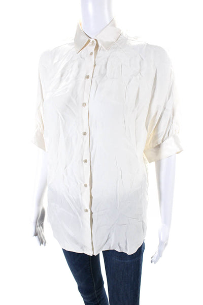 ATM Womens Satin Short Sleeve Collared Button Down Shirt Blouse Beige Size XS
