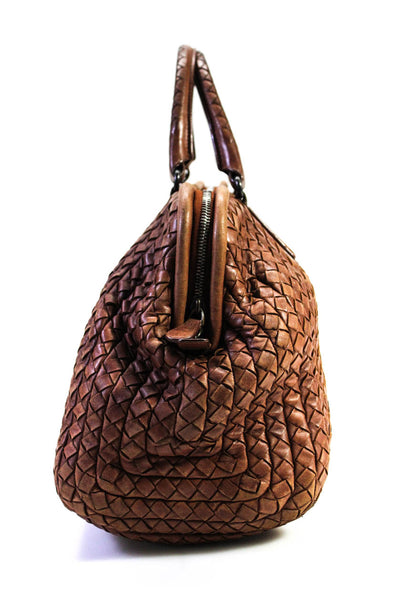 Bottega Veneta Womens Leather Woven Textured Zipped Doctor Satchel Handbag Brown