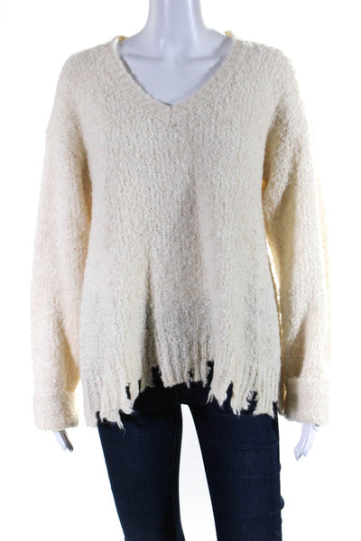 ATM Womens Pullover Fringe Trim Oversized V Neck Sweater White Size Medium