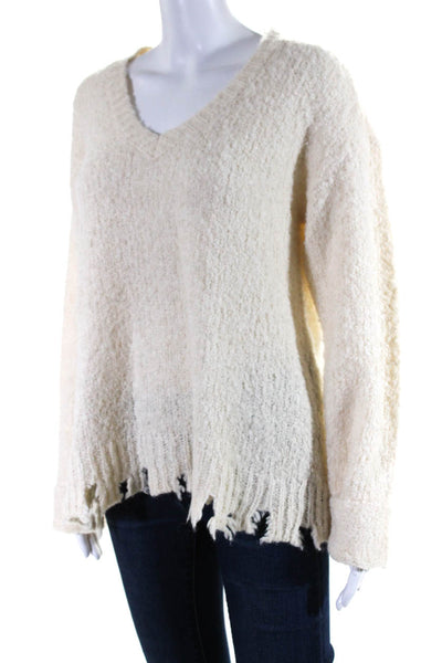 ATM Womens Pullover Fringe Trim Oversized V Neck Sweater White Size Medium