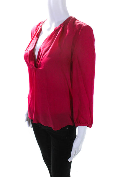 Joie Womens Silk Chiffon Pleated V-Neck Long Sleeve Blouse Top Hot Pink Size XS
