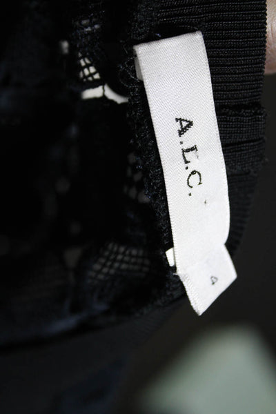 A.L.C. Womens Lace Short Sleeves Side Slit Blouse Black Navy Blue Size 4