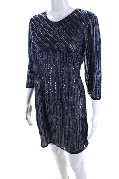 Parker Black Womens Sequined Long Sleeves Dress Navy Blue Size 4