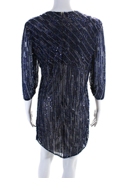 Parker Black Womens Sequined Long Sleeves Dress Navy Blue Size 4