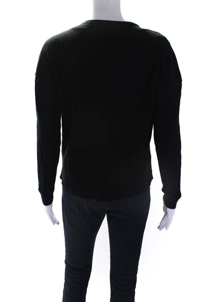 Mate Womens Long Sleeve Thermal Knit Crew Neck Henley Top Tee Shirt Black Small
