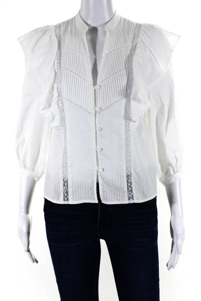 Intermix Womens Ruffled Lace 3/4 Sleeved Buttoned V Neck Blouse White Size 0