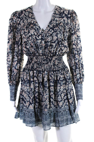 Intermix Womens Floral Long Sleeved V Neck Short Blouson Dress Blue Pink Size 2