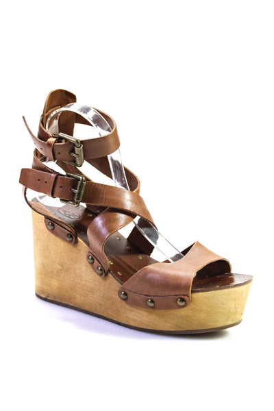 Ash Womens Brown Leather Ankle Straps Wooded Wedge Heels Sandals Shoes Size 10