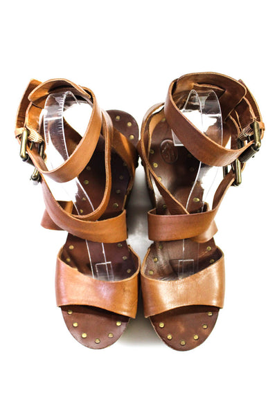Ash Womens Brown Leather Ankle Straps Wooded Wedge Heels Sandals Shoes Size 10