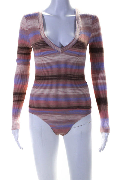 Intermix Womens Striped V Neck Bodysuit Sweater Pink Brown Size Small