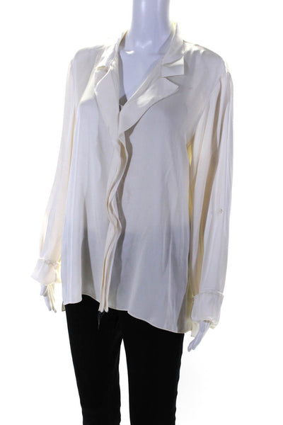 Elie Tahari Womens Silk Collared Long Sleeve Button Up Blouse Top Beige Size XL
