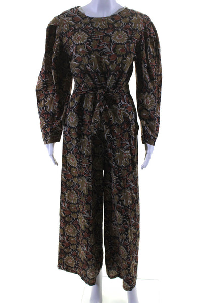 Mille Resort & Travel Womens Crew Neck Leaf Floral Printed Jumpsuit Brown Small