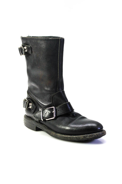 Burberry Womens Leather Buckle Detail Zip Up Mid-Calf Boots Black Size 36 6