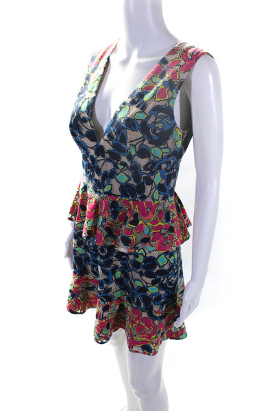 BCBGMAXAZRIA Womens Blue Floral V-Neck Ruffle Sleeveless Shift Dress Size 6
