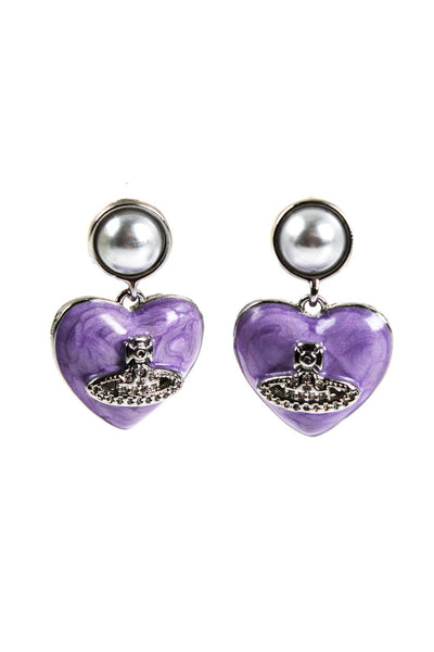 Vivienne Westwood Womens Silver Tone Purple Enamel Heart Orb Dangle Earrings 1"