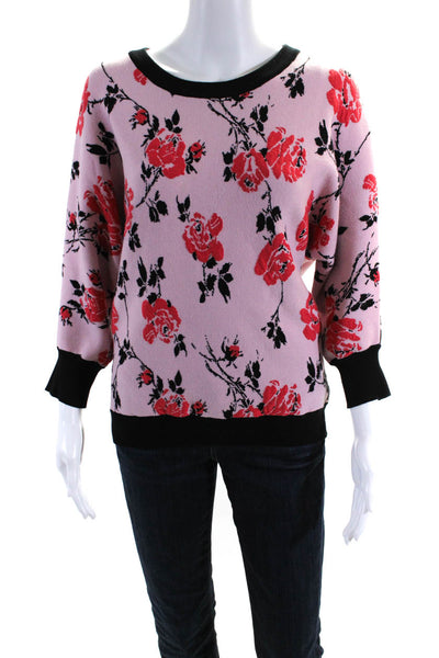 T Tahari Womens Floral 3/4 Sleeved Tight Knit Sweater Pink Black Red Size L