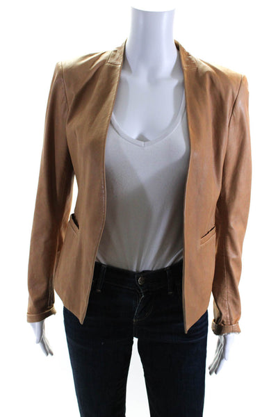 Theory Women's Long Sleeves Open Front Pockets Leather Jackets Camel Size 2
