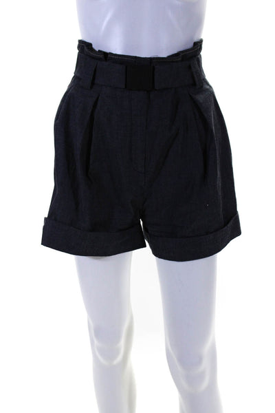 Designer Womens Blue Chambray Cotton Belt High Rise Cuff Shorts Size 36