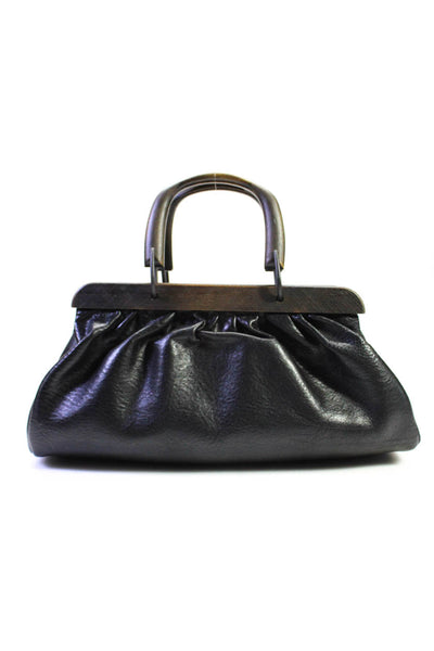 Gucci Womens Leather Wood Framed Handle Open Textured Frame Handbag Black