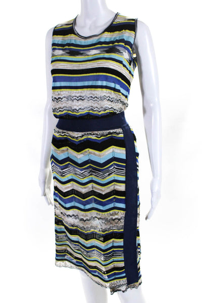 Missoni Womens Striped Print Tied Sleeveless Blouse Skirt Set Blue Size 10