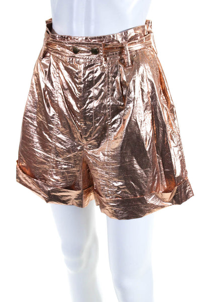 Isabel Marant Womens Cotton Metallic Pleated High-Rise Shorts Copper Size 34