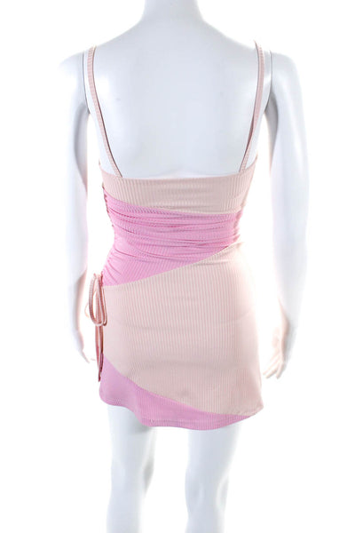More To Come Womens Ribbed Colorblock Ruched Tied Mini Dress Pink Size 2XS