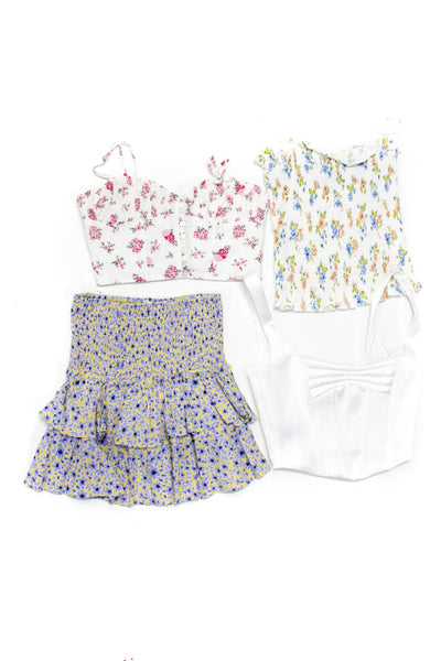 Zara Womens Smocked Floral Print Sleeveless Crop Tops Skirt White Size XS Lot 4