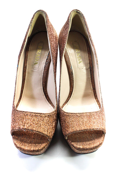 Prada Womens Metallic Square Open Toe Slip On Platform Heels Copper Size 37 7