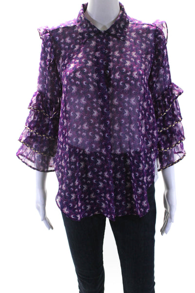 Misa Womens Abstract Print Buttoned Tiered Long Sleeve Blouse Purple Size XS