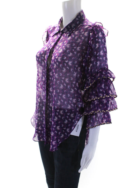 Misa Womens Abstract Print Buttoned Tiered Long Sleeve Blouse Purple Size XS