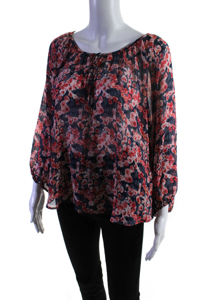 Joie Womens Silk Floral Print Key Hole Neck Blouse Navy Blue Red Size Small