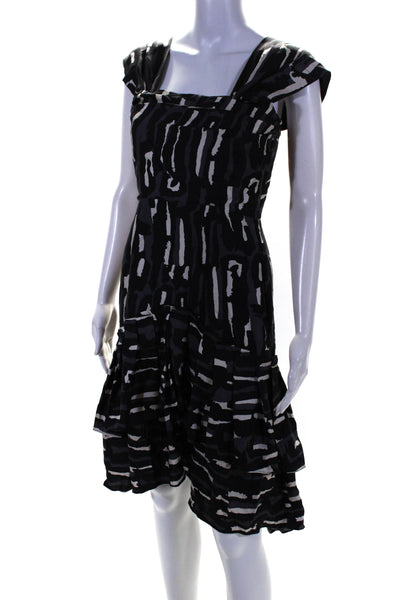 Temperley Womens Square Neck Abstract Satin Pleated Hem Midi Dress Black Gray 6