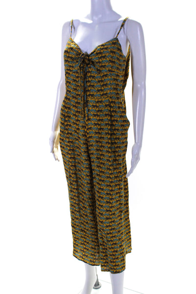 Haney Womens Leopard Cat Print Tie Front Cropped Jumpsuit Yellow Teal Size 10