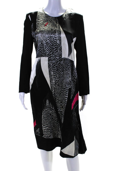 Reed Krakoff Womens Abstract Satin Long Sleeve Shift Dress Black White Size 8