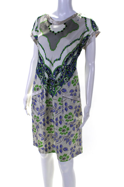 Etro Womens Paisley Satin Short Sleeve Shift Dress Ivory Blue Green Size EU 40