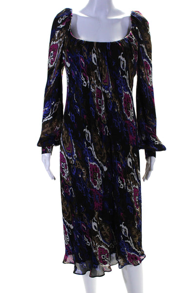 Escada Womens Long Sleeve Abstract Satin Shift Dress Black Pink Blue Brown EU 40
