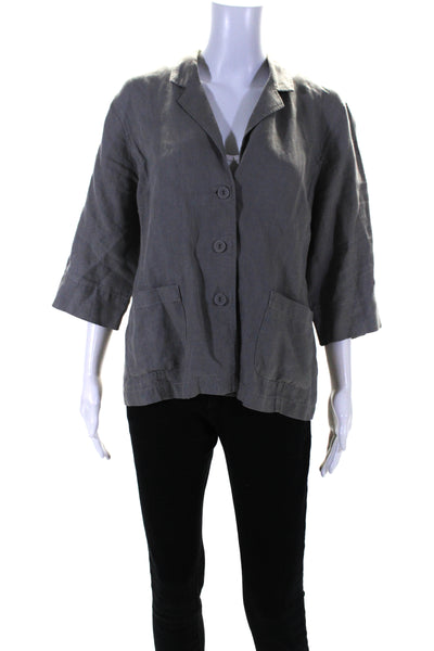 Eileen Fisher Womens Half Button Three Button Linen Jacket Gray Size Large
