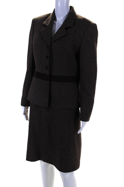 Kasper Womens Four Button Notched Lapel Houndstooth Skirt Suit Brown Size 14P
